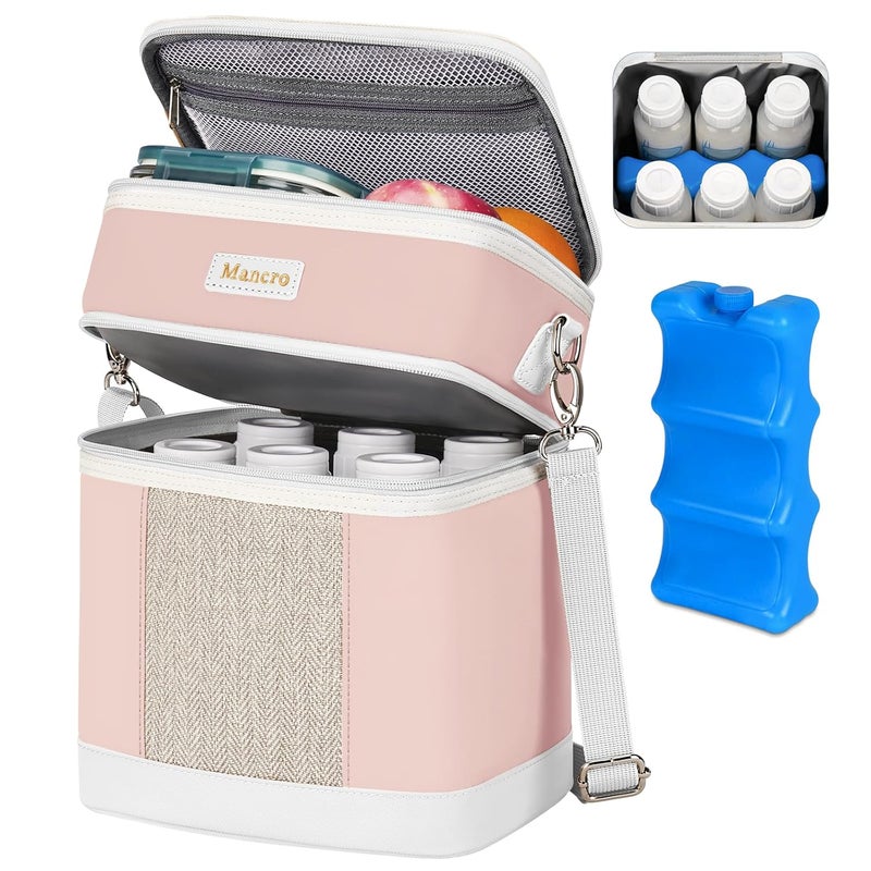 Mancro Breast Milk Cooler Travel Bag with Ice Pack, Double Layer Baby Bottle Cooler Bag Fits 6 Bottles Up to 9 Ounces,Insulated Bottle Bags for Daycare & Travel,Pink - Image 1